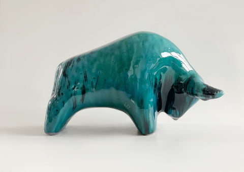 Mid Century Turquoise/ Cobalt Green Ceramic Bull - Otto Keramiek