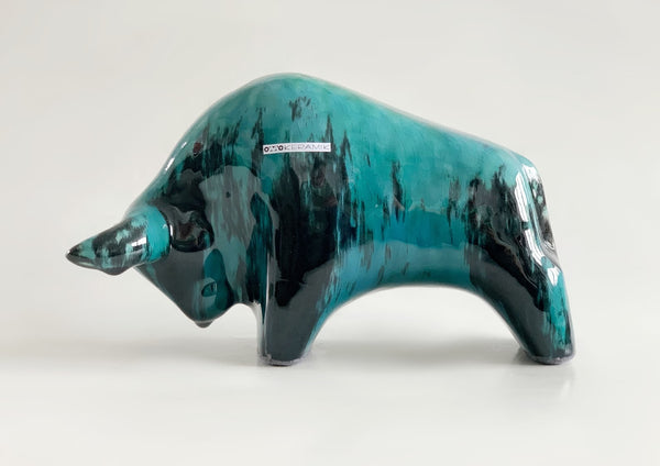 Mid Century Turquoise/ Cobalt Green Ceramic Bull - Otto Keramiek