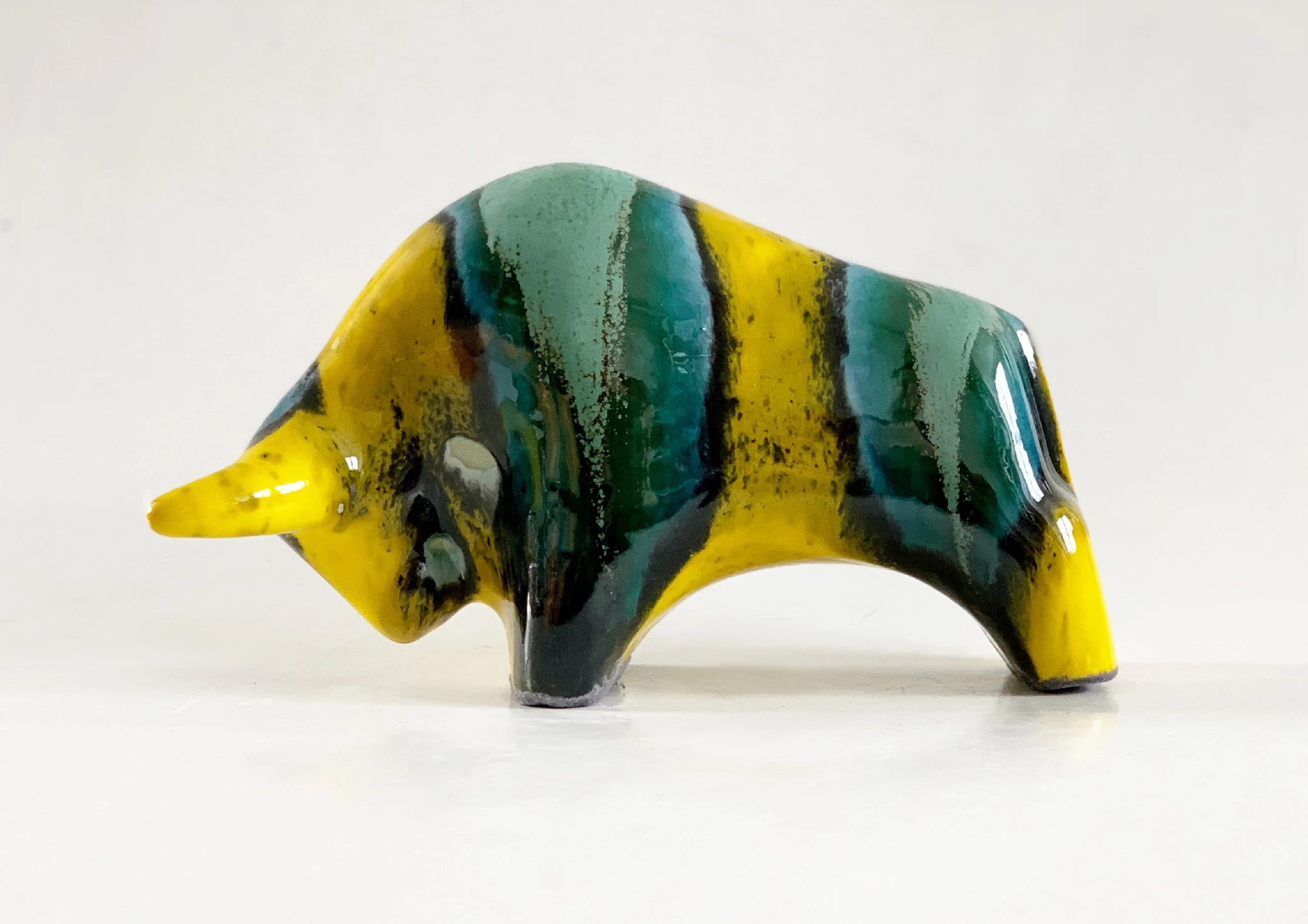 Mid Century Turquoise/Yellow Ceramic Bull - Otto Keramiek