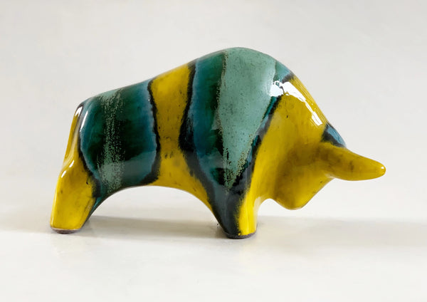 Mid Century Turquoise/Yellow Ceramic Bull - Otto Keramiek