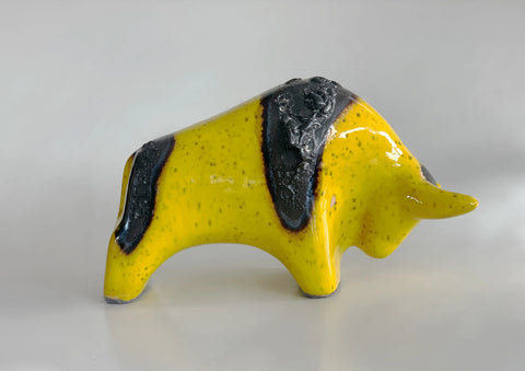 Mid- Century Yellow Black Lava Ceramic Bull - 60s Otto Keramiek