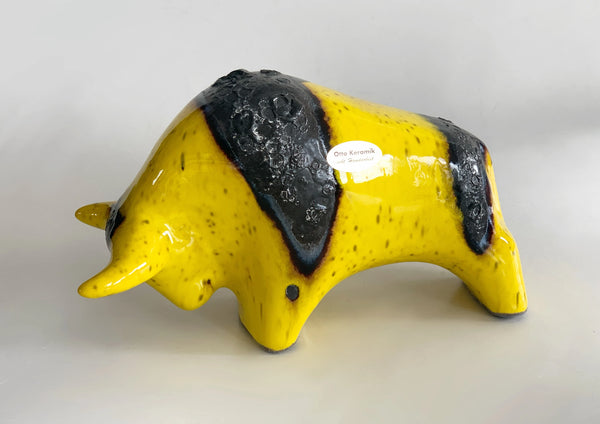 Mid- Century Yellow Black Lava Ceramic Bull - 60s Otto Keramiek