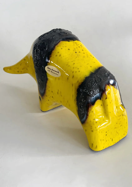 Mid- Century Yellow Black Lava Ceramic Bull - 60s Otto Keramiek