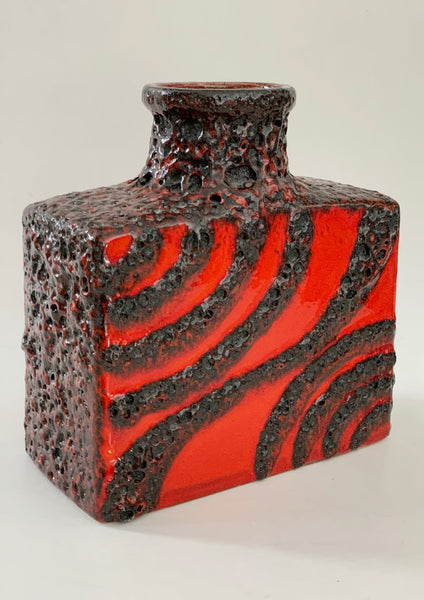 West German Red / Black Rectangular Lava Vase - Scheurich 70s