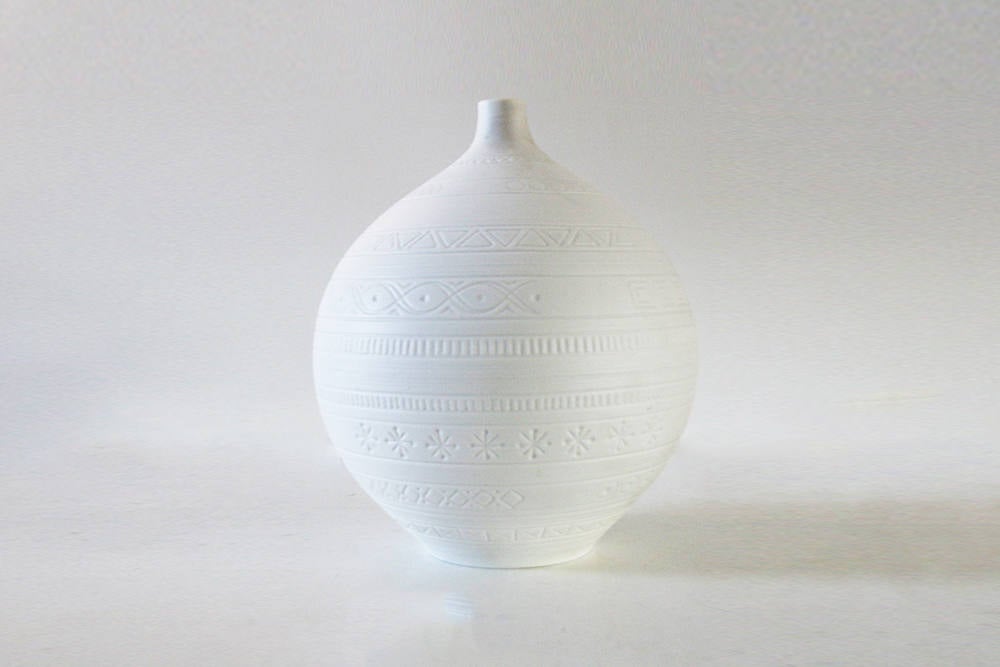 Mid Century LARGE White Bisque Round Vase Geometric Pattern  - Hans Achtziger for Hutschenreuther 70s