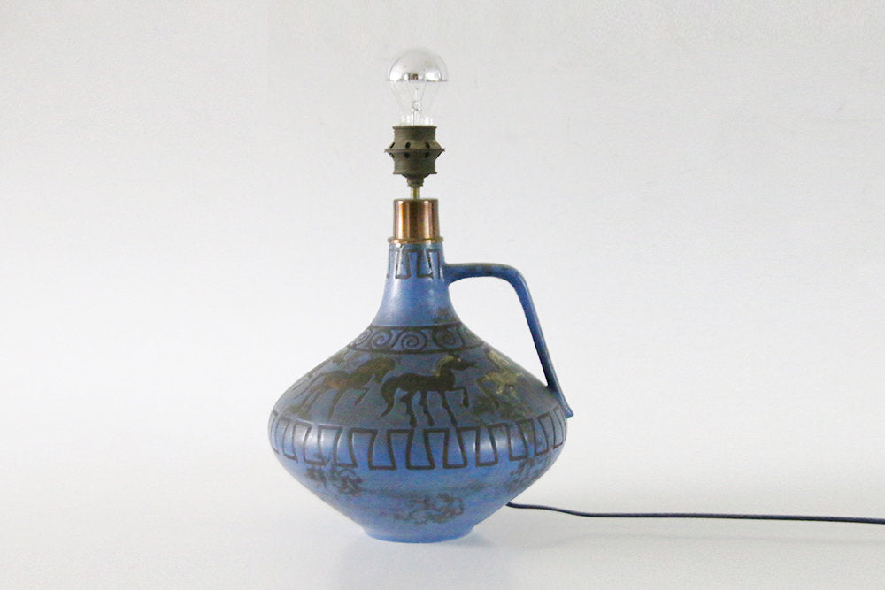 Very Rare Large  Mid Century Handled Blue Table Lamp by Ceramano "Pergamon" Germany - 60s