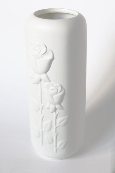 Mid-Century Vintage White German Bisque Vase With Roses Pattern - Eschenbach 70s