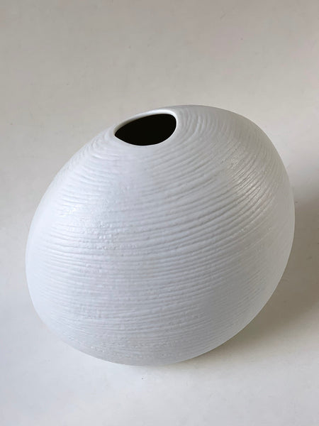Modernist White Bisque Oval Vase With Relief Stripes-  Rosenthal Studio Linie