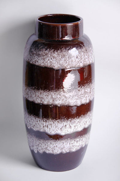 Vintage Dark Brown Floor Vase With White Stripes - Scheurich 70s
