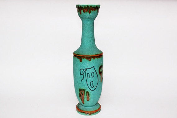 Mid Century Tall talian Teal Bottle Vase With Mask Pattern 50s 60s