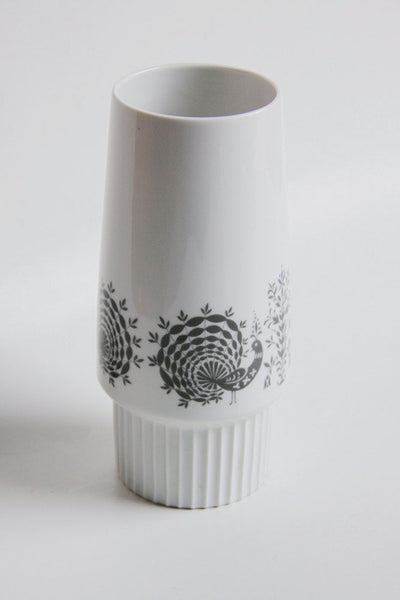 Vintage White Porcelain Vase With Black Birds Pattern - Krautheim Selb Bavaria 70s